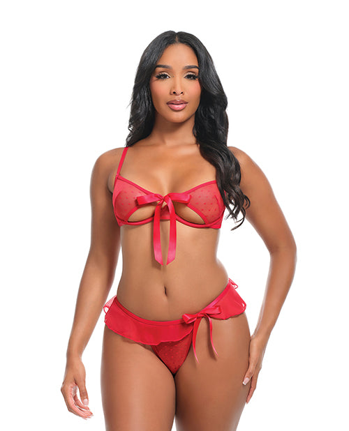 Aubrielle Polka Dot Mesh Underwire Bra w/Thong & Ruffle Details 2 pc Set - Red SM