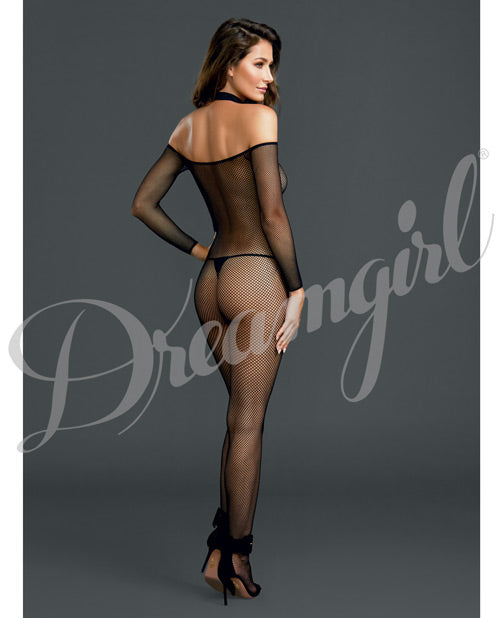 Fishnet Off The Shoulder Bodystocking W-attached Collar Black O-s