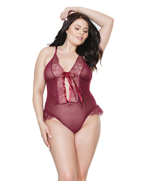 Bold Mesh & Fine Lace Crotchless Teddy Merlot