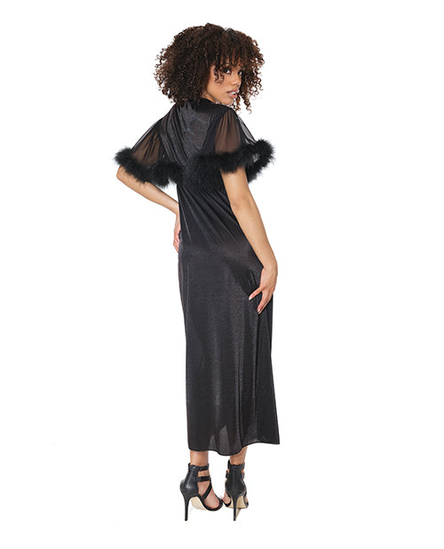 Holiday Short Sleeve W-marabou Trim Robe W-satin Tie Black O-s