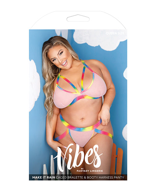 Vibes Make It Rain Caged Bralette & Panty W-booty Rainbow Qn