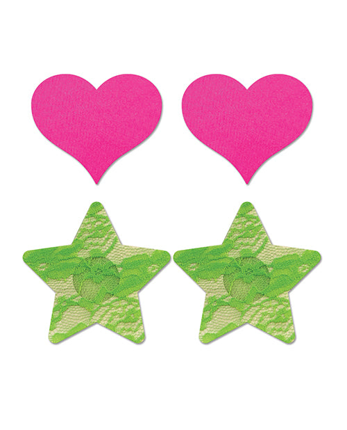 Fantasy Uv Reactive Neon Heart & Lace Star Pasties - Pink & Green O-s Pack Of 2