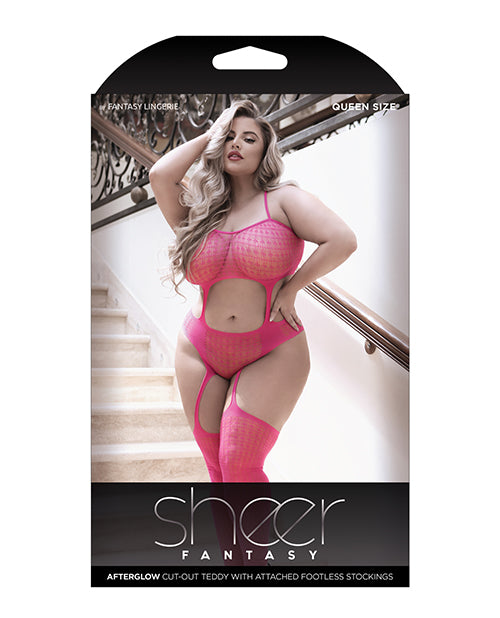 Sheer Afterglow Cut Out Teddy W-attached Footless Stockings Berry Pink Qn