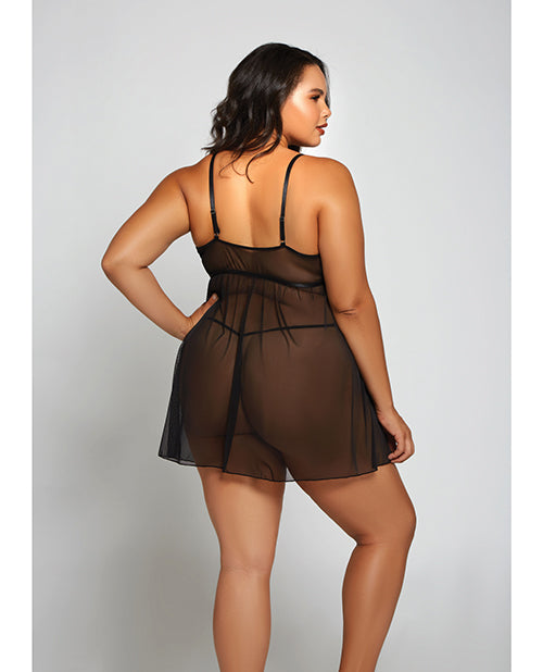 Jacquard Lace, Fine Mesh Babydoll & G-string Fuchsia/black