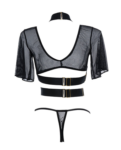 Adore Dreamer Sheer Mesh Strappy Top & Thong Black O/s