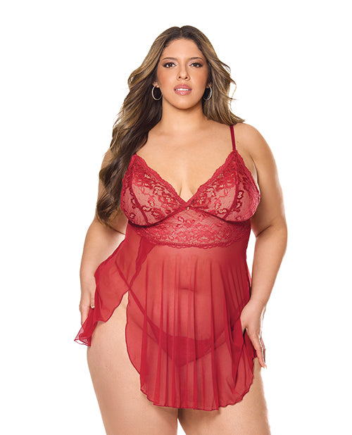 Crimson Luxe Lace & Mesh Babydoll w/G-String - Red QN