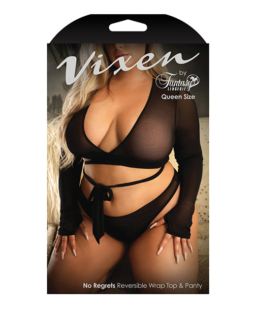Vixen No Regrets Mesh Long Sleeve Wrap Top & Thong Black Qn