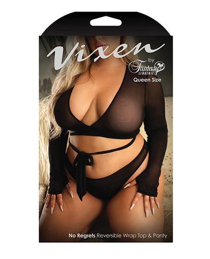 Vixen No Regrets Mesh Long Sleeve Wrap Top & Thong Black Qn