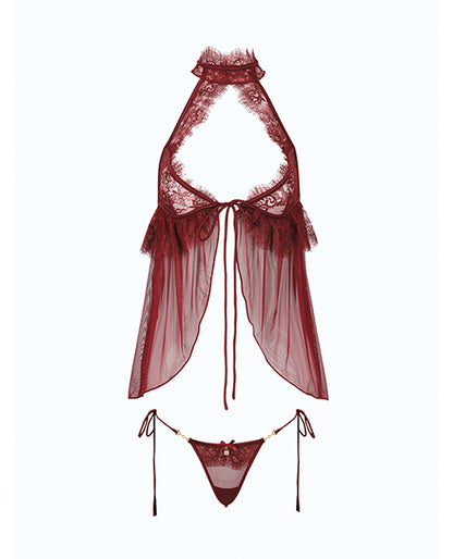 Liliana Lace & Mesh Halter Babydoll 2 pc Set - Burgundy 1X/2X