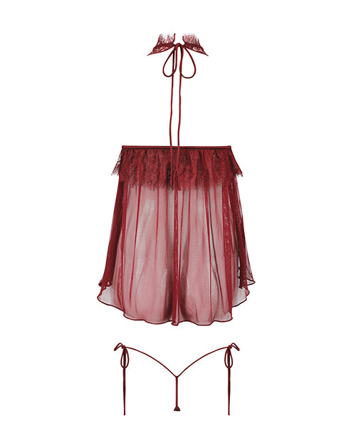 Liliana Lace & Mesh Halter Babydoll 2 pc Set - Burgundy 1X/2X