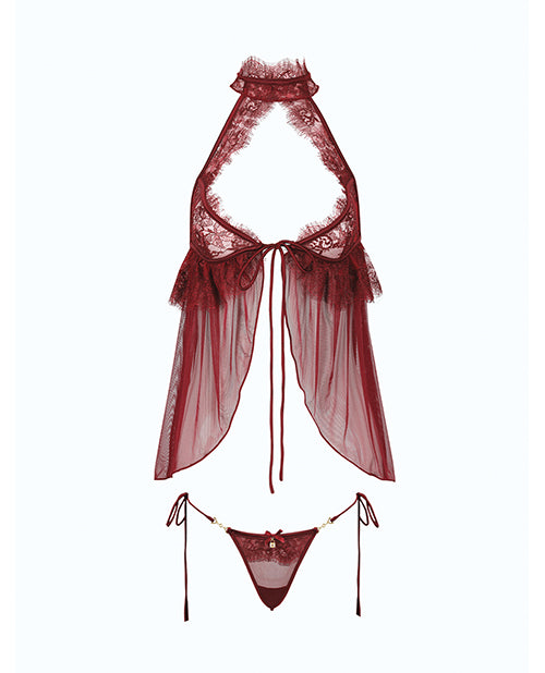 Liliana Lace & Mesh Halter Babydoll 2 pc Set - Burgundy XL