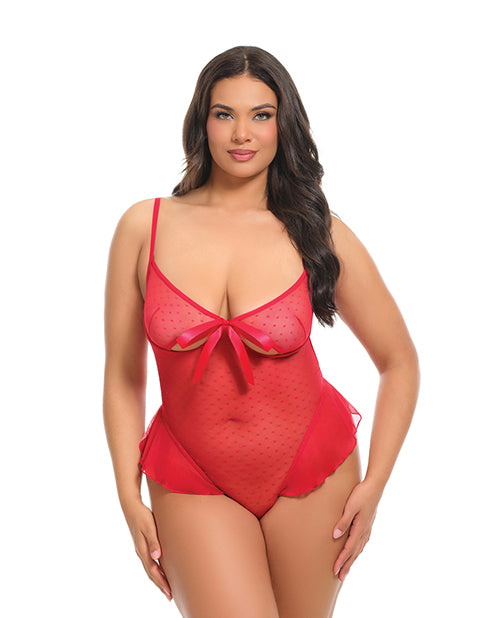Aubrielle Polka Dot Mesh Underwire Teddy w/Ruffle Details - Red 2X
