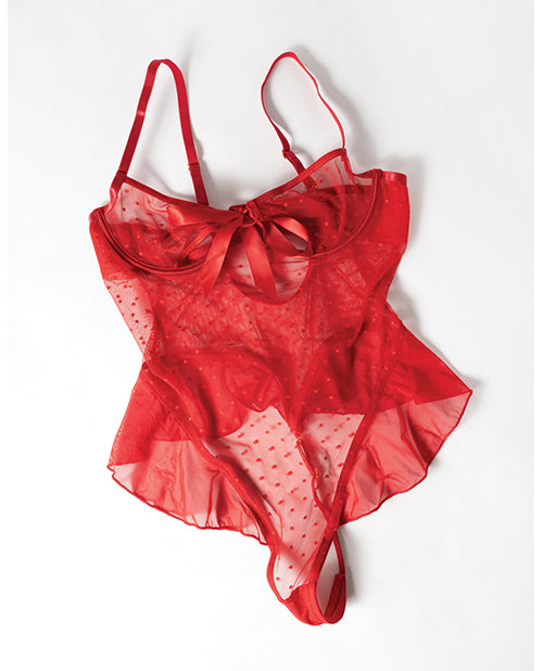 Aubrielle Polka Dot Mesh Underwire Teddy w/Ruffle Details - Red 2X