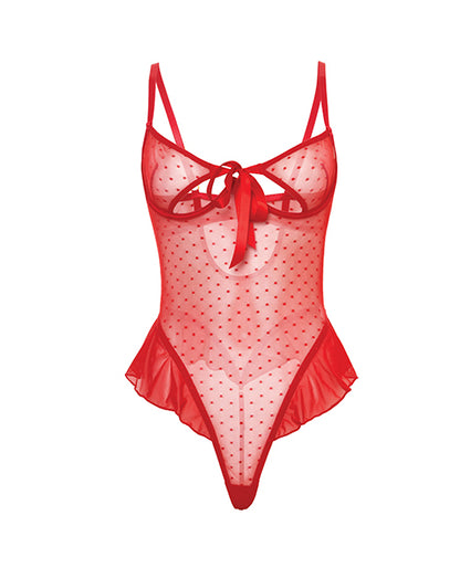 Aubrielle Polka Dot Mesh Underwire Teddy w/Ruffle Details - Red 2X