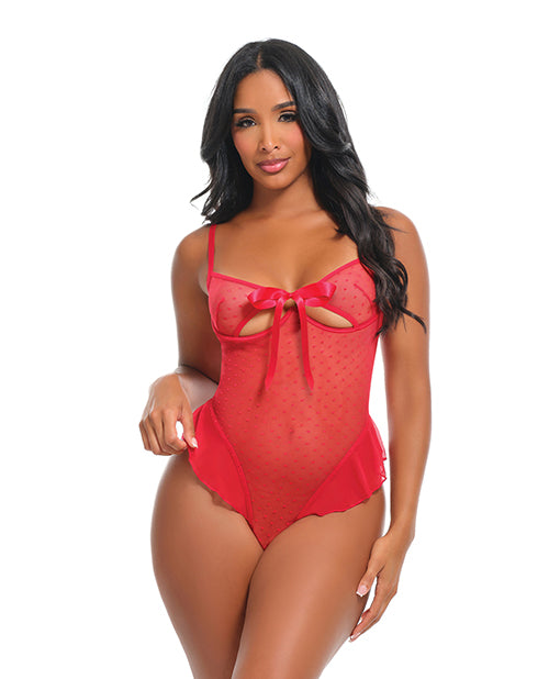 Aubrielle Polka Dot Mesh Underwire Teddy w/Ruffle Details - Red LG