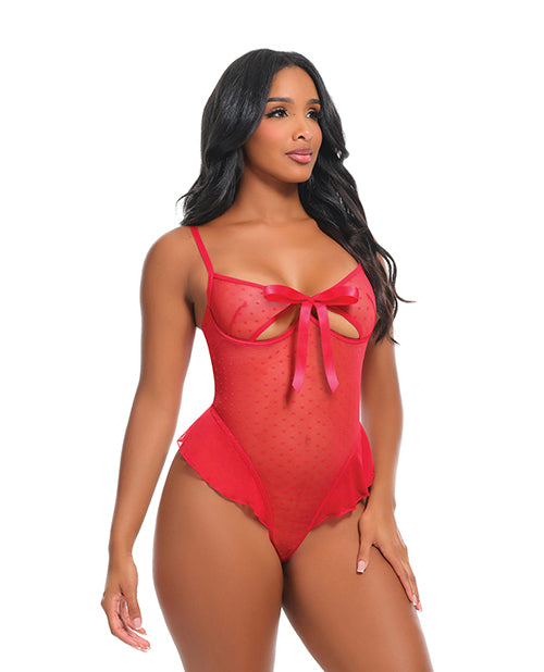 Aubrielle Polka Dot Mesh Underwire Teddy w/Ruffle Details - Red LG