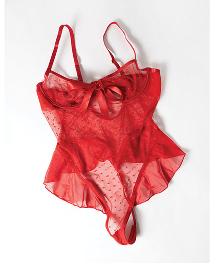 Aubrielle Polka Dot Mesh Underwire Teddy w/Ruffle Details - Red LG