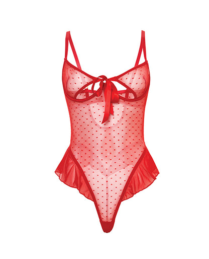 Aubrielle Polka Dot Mesh Underwire Teddy w/Ruffle Details - Red LG