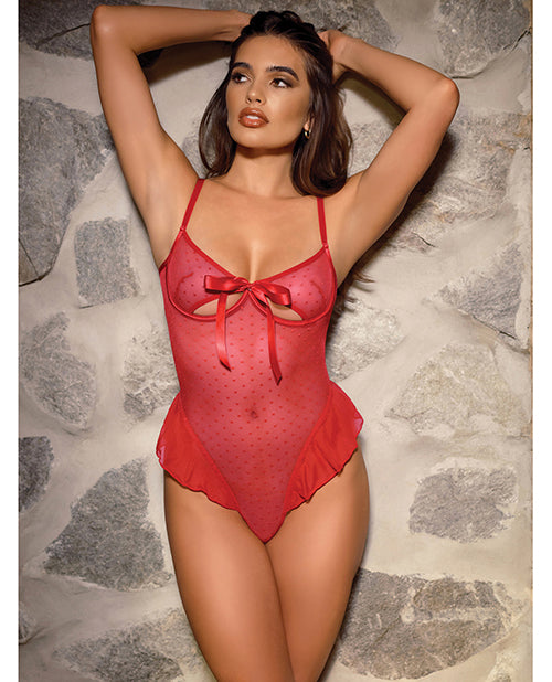 Aubrielle Polka Dot Mesh Underwire Teddy w/Ruffle Details - Red LG
