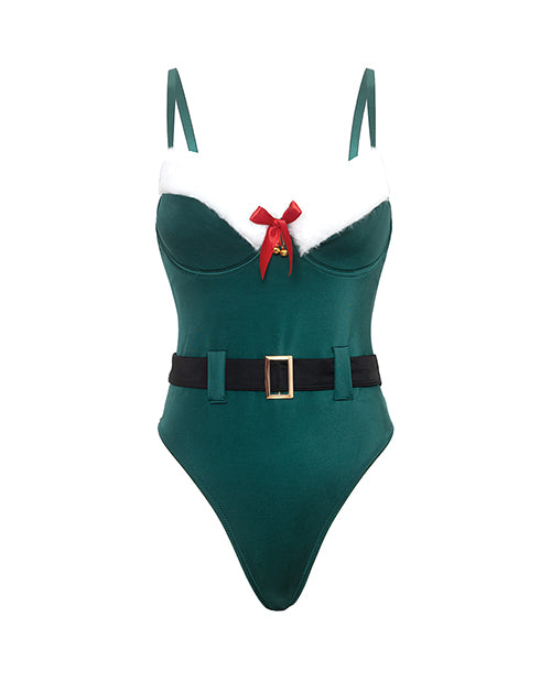 Holiday Elfina Padded Cup Teddy w/attached Belt, Bell Charm, & Marabou Detail - Green 1X/2X