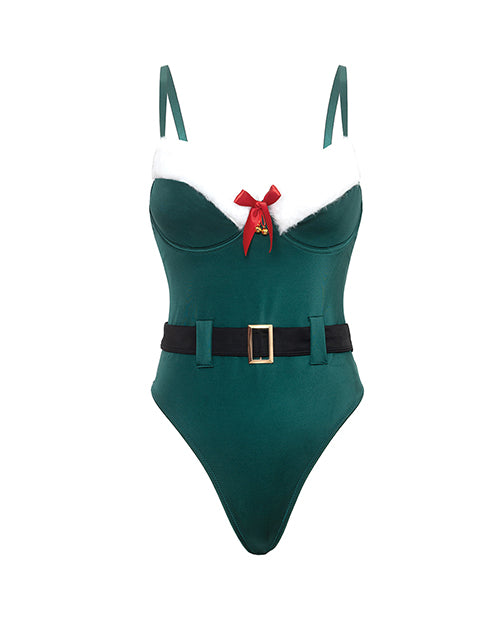 Holiday Elfina Padded Cup Teddy w/attached Belt, Bell Charm, & Marabou Detail - Green L/XL