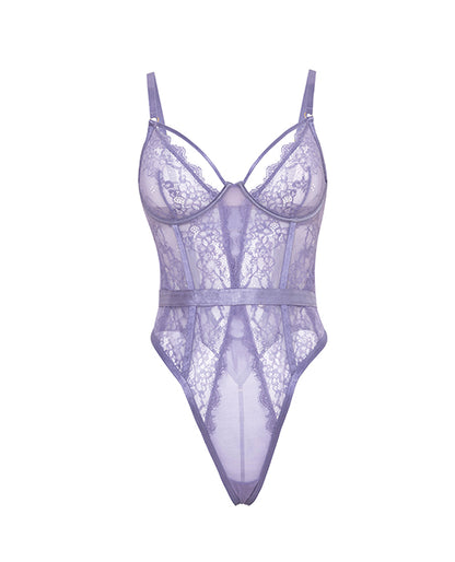 Martina Laced & Mesh Unlined Underwire Teddy w/Strap Detail - Purple Haze 1X/2X
