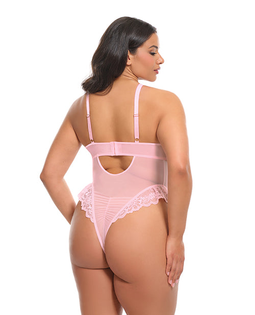 Forever Valentine Soft Cup Lace Teddy w/Bows & Heart Charm - Pink 1X/2X