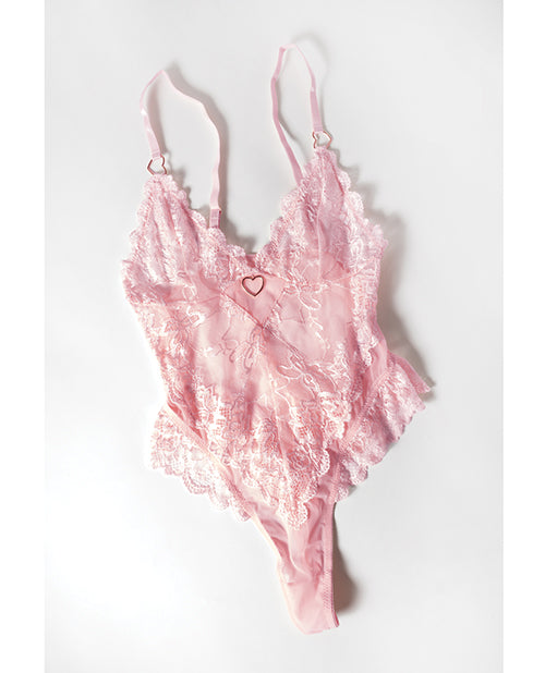 Forever Valentine Soft Cup Lace Teddy w/Bows & Heart Charm - Pink LG