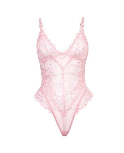 Forever Valentine Soft Cup Lace Teddy w/Bows & Heart Charm - Pink LG