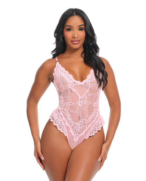 Forever Valentine Soft Cup Lace Teddy w/Bows & Heart Charm - Pink XL