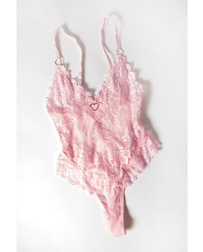 Forever Valentine Soft Cup Lace Teddy w/Bows & Heart Charm - Pink XL