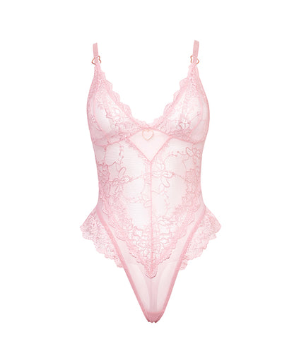 Forever Valentine Soft Cup Lace Teddy w/Bows & Heart Charm - Pink XL