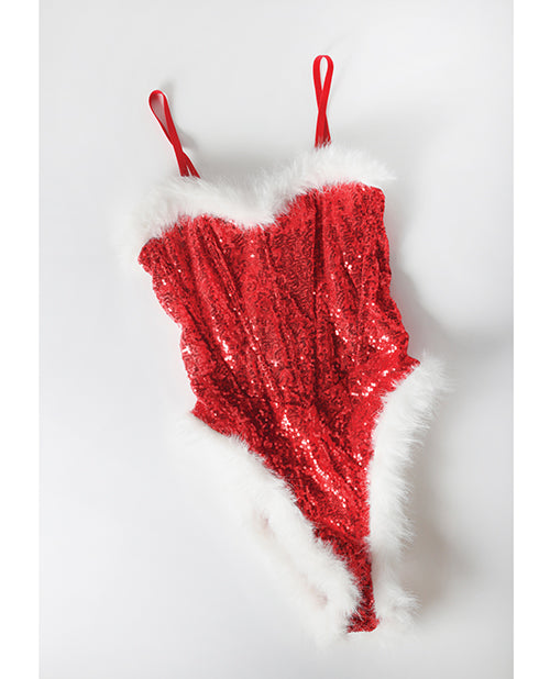 Holiday Sparkle Strapless Boned Sequin Teddy w/Marabou Trim & Detachable Straps - Red White 1X