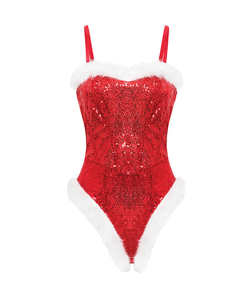 Holiday Sparkle Strapless Boned Sequin Teddy w/Marabou Trim & Detachable Straps - Red White SM