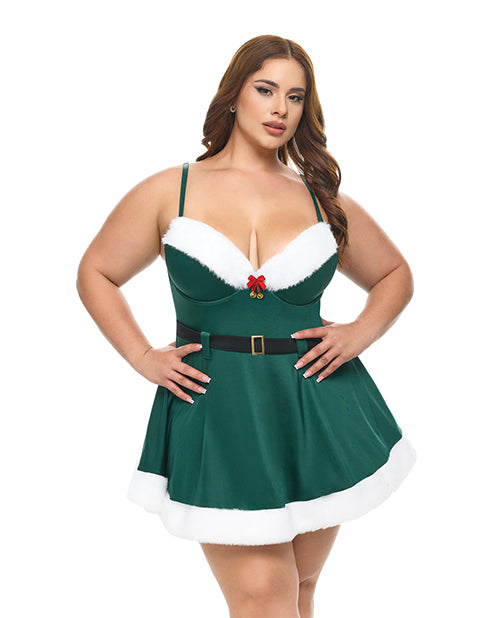 Holiday Elfina Padded Cup Chemise w/Attached Belt & Marabou Trim Details - Green 1X/2X