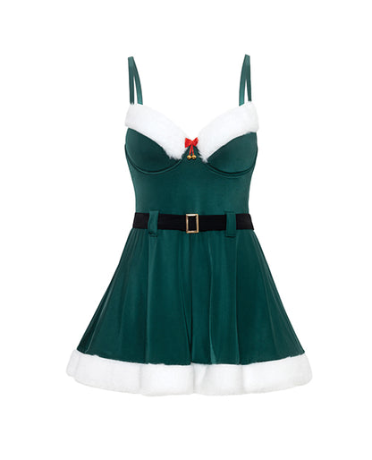 Holiday Elfina Padded Cup Chemise w/Attached Belt & Marabou Trim Details - Green 1X/2X