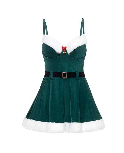 Holiday Elfina Padded Cup Chemise w/Attached Belt & Marabou Trim Details - Green L/XL