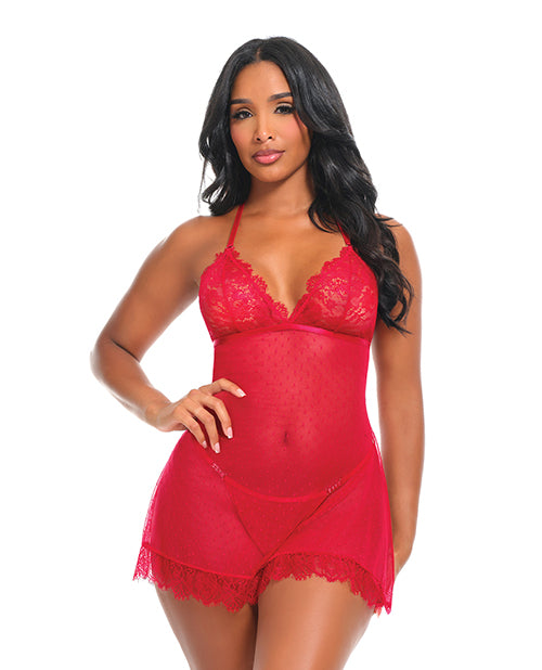 Aliza Soft Cup Pin Dot Lace & Mesh Babydoll w/G-String - Red S/M