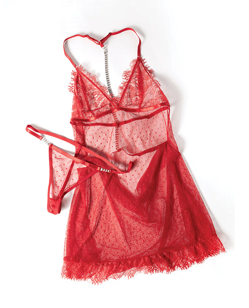 Aliza Soft Cup Pin Dot Lace & Mesh Babydoll w/G-String - Red S/M