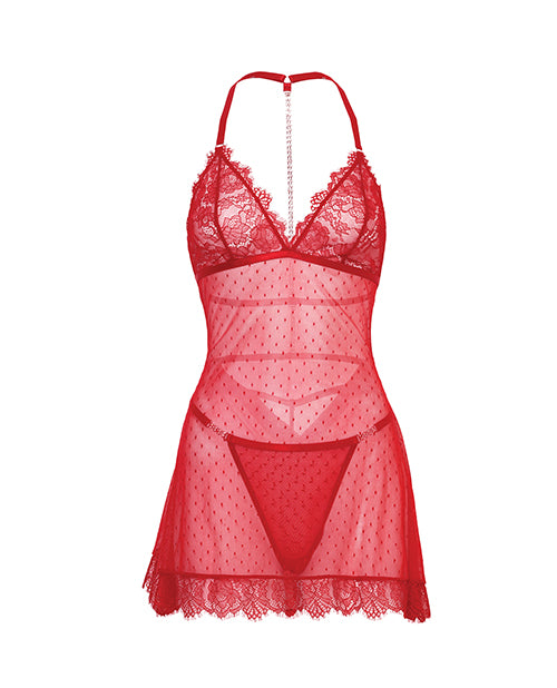 Aliza Soft Cup Pin Dot Lace & Mesh Babydoll w/G-String - Red S/M