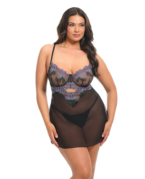 Jenna Floral Embroidered Mesh Unlined Underwire Babydoll w/Keyhole Details & Thong