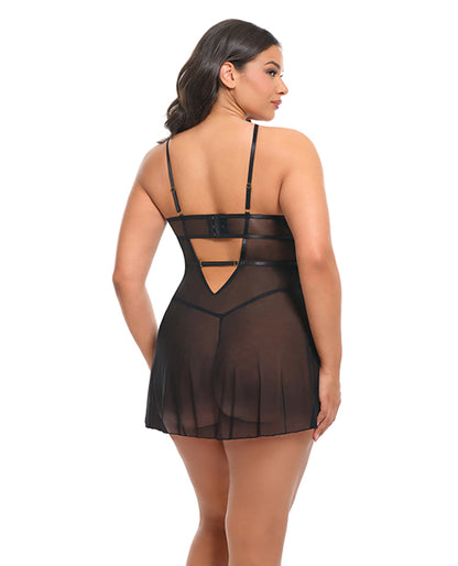 Jenna Floral Embroidered Mesh Unlined Underwire Babydoll w/Keyhole Details & Thong