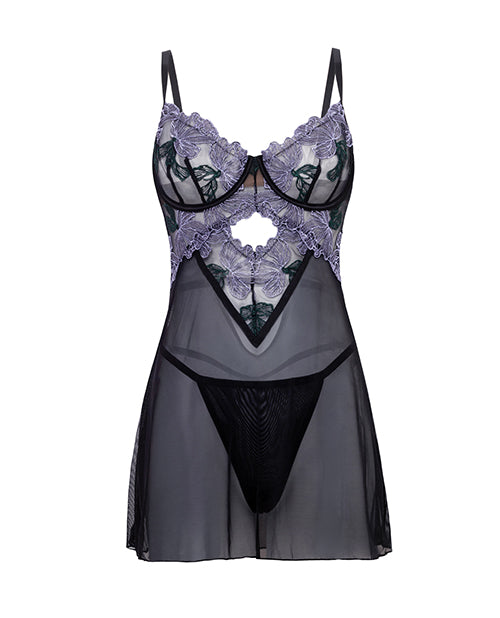 Jenna Floral Embroidered Mesh Unlined Underwire Babydoll w/Keyhole Details & Thong
