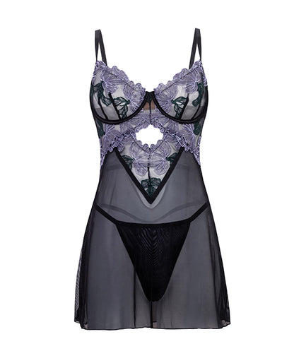 Jenna Floral Embroidered Mesh Unlined Underwire Babydoll w/Keyhole Details & Thong