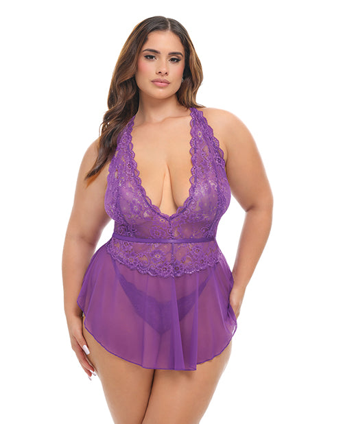 Harmony V-Plunge Lace & Mesh Babydoll w/G-String