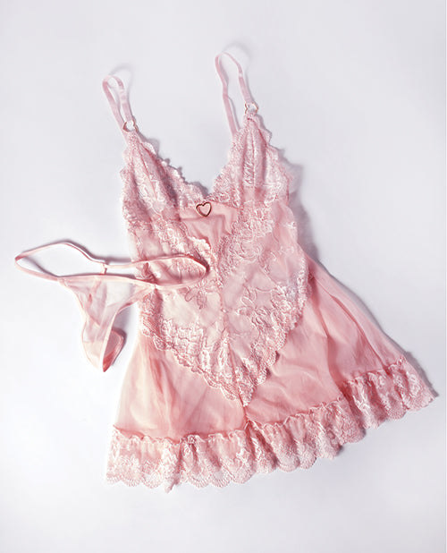 Forever Valentine Lace Babydoll w/Heart Charm & G-String - Pink MD