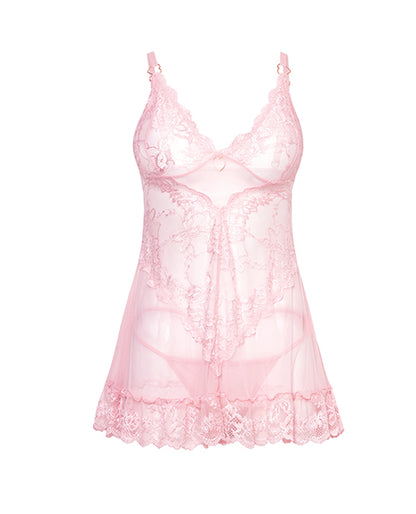 Forever Valentine Lace Babydoll w/Heart Charm & G-String - Pink MD