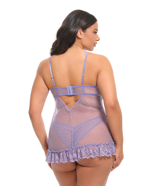 Amira Lace & Mesh Unlined Underwire Pin Dot Babydoll w/Panty - Purple Haze 1X/2X