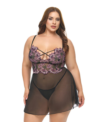 Adela Embroidered Boned Lace and Mesh Babydoll w/G-String 2 pc Set