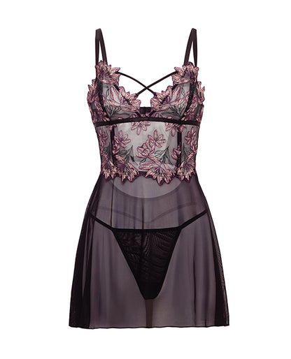 Adela Embroidered Boned Lace and Mesh Babydoll w/G-String 2 pc Set